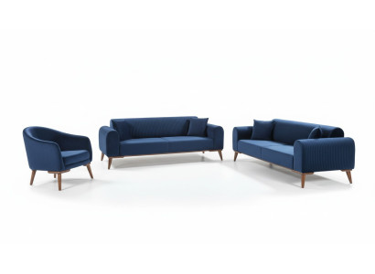 Sofagarnitur 3+3+1 Sitzer Sofa Sessel Royal Blaue Couch Samt 3tlg