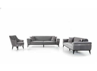 Sofagarnitur 3+3+1 Sitzer Sofa Sofas Sessel Stoff Holz Graue Couchen