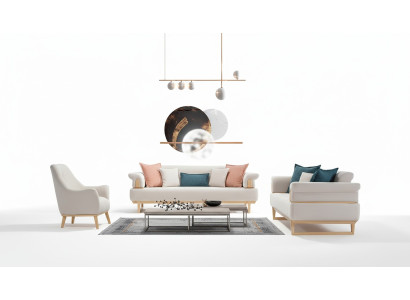 Modern Sofagarnitur 3+3+1 Sitzer Garnitur Set Sofas Sessel Holz mit Textil