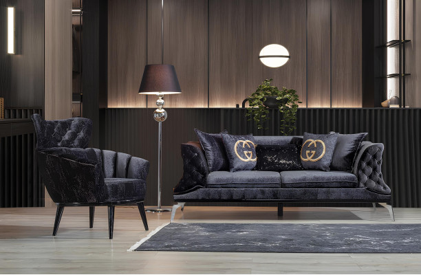 Sofa 3 Sitz Polster Möbel Dreisitzer  Couchen schwarz Holz mit Metall
