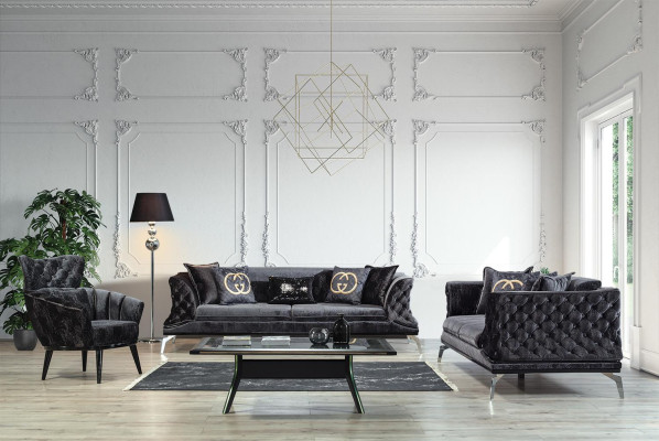 Schwarze Couch Sofa Garnitur 3+1 Sitz Chesterfield Wohnzimmer Polster