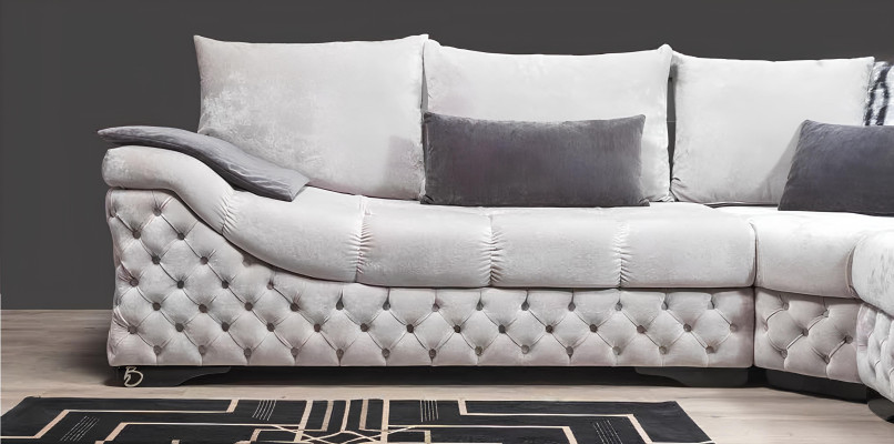 Ecksofa Beige Design Couch Holz mit Textil Wohnzimmer L Form Sofas Neu