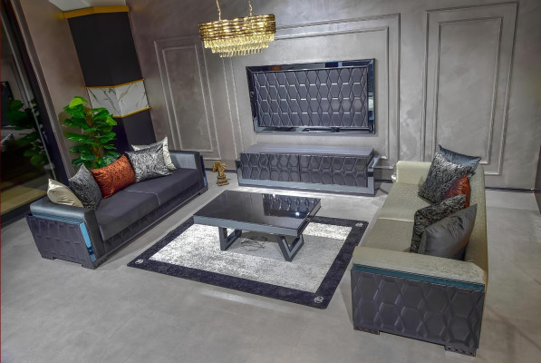 Sofa 3 Sitzer Luxus Möbel Wohnzimmer Dreisitzer Grau Metall mit Textil