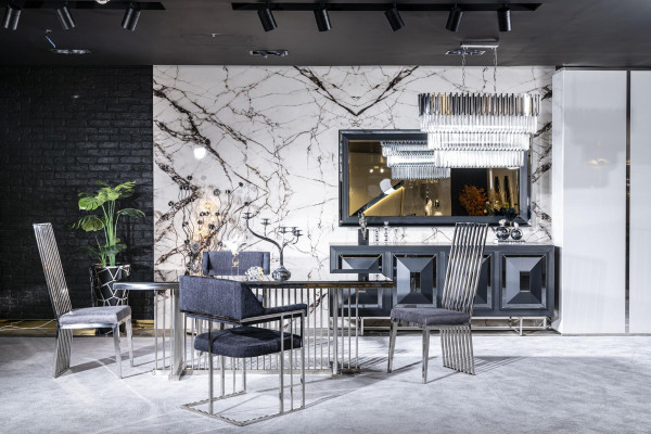 Esszimmer Stuhl grau Luxus stuhl Metall mit Textil Stühle Stil Modern