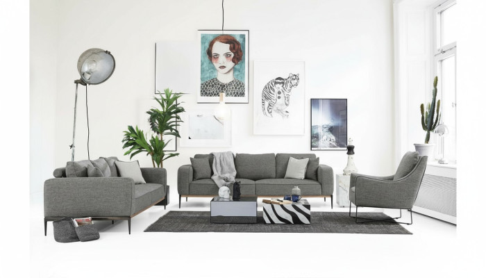 Sofagarnitur 221 Sitzer Sofa Modern Stoff Set Grau Gruppe Wohnzimmer