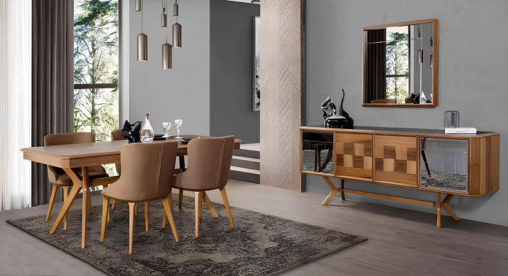 Designer Holz Ess Esszimmer Set Tisch 4x Lehn Stühle Set Garnitur Polster 5tlg