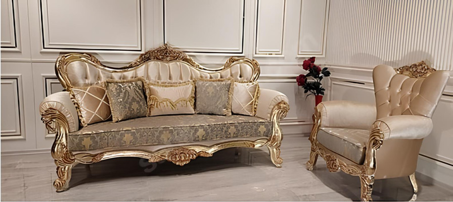 Chesterfield Barock Dreisitzer Couch Möbel Sofa Stoff Gold Couchen