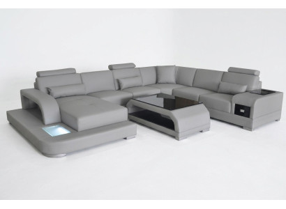 Eck Sofa mit USB Polster Couch Sitz Grau Leder Garnitur Moderne Wohnlandschaft