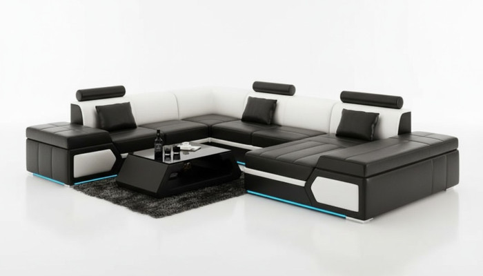 Ledersofa Sofa Couch Wohnlandschaft Ecksofa Garnitur Design Modern Schwarz +USB