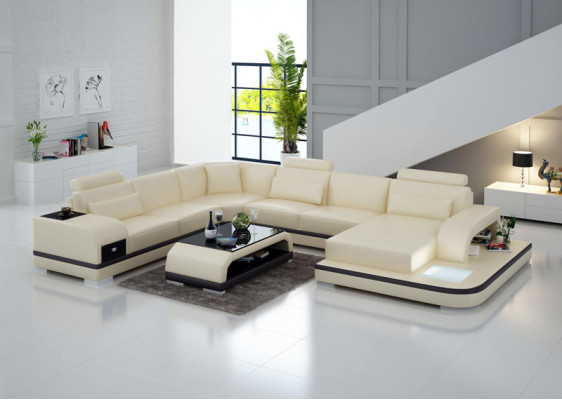 Ledersofa Wohnlandschaft Ecksofa Sitzecke Sitzgarnitur Sofa Couch + USB + Tisch