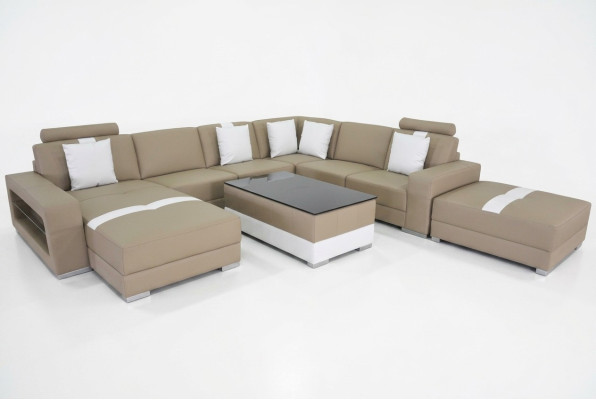 Ecksofa U förmige Couch Sitzpolster Ecke Leder Moderne Designer Couchen + USB