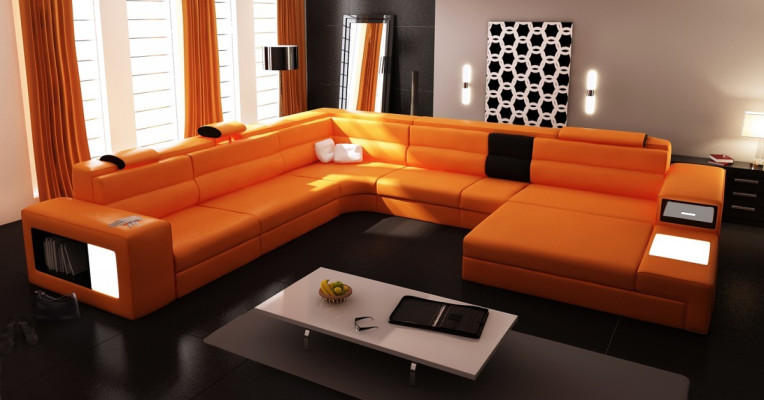 Ecksofa mit Beleuchtung & USB Anschluss Moder Leder Wohnlandschaft Sofa Polster