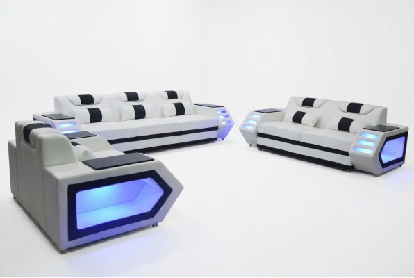 Sofa Couch Sitz Polster Komplett Gruppe Set Leder Garnitur 3+2+1 + LED + USB Neu