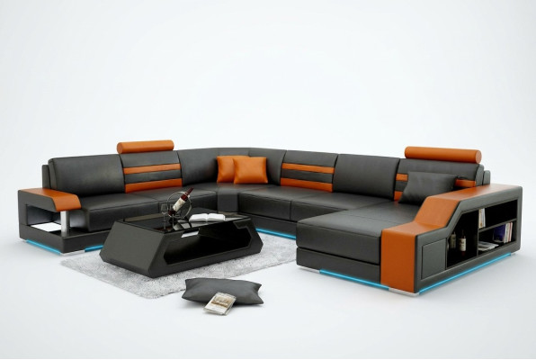 Design Sofa Ecksofa Wohnlandschaft mit Regal Polster Sitz Garnitur Ledersofa USB
