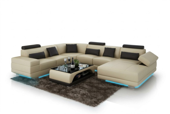 Ledersofa Couch Wohnlandschaft Ecksofa Eck Garnitur Design Modern Sofa Beige USB