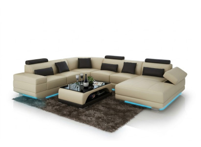 Ledersofa Couch Wohnlandschaft Ecksofa Eck Garnitur Design Modern Sofa Beige USB