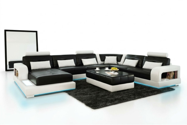 Sofa Ecksofa Design Wohnlandschaft mit Regal Polster Sitz Garnitur Ledersofa USB