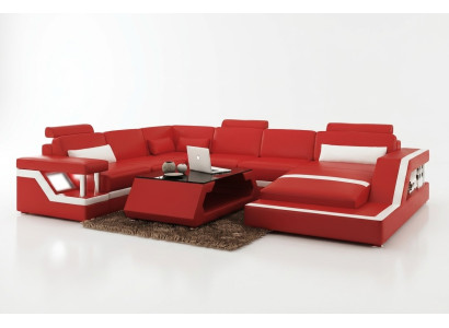 Design Leder Wohnlandschaft Eck Sofa Moderne Garnitur Couch Ecke Rot USB + LED