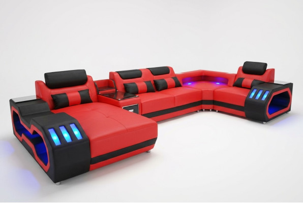 Ledersofa Couch Wohnlandschaft Garnitur Design Modern Sofa U-Form Sofa mit USB