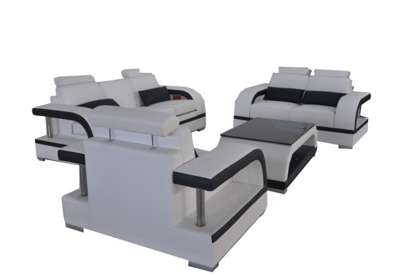 Sofa Couch Leder Polster Sitz Couch Garnitur 3+2+1 USB + Tisch Set Design Sofa