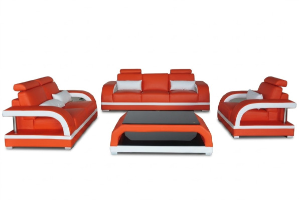 Sofa Couch Leder Polster Sitz Couch Garnitur 3+2+1 USB + Tisch Set Design Sofa