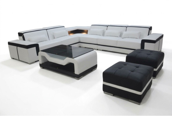 Leder Sofa mit USB Polster Eck Couch Garnitur Wohnlandschaft Tisch Hocker