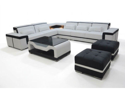 Leder Sofa mit USB Polster Eck Couch Garnitur Wohnlandschaft Tisch Hocker