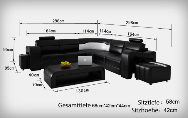 Ledersofa mit USB,Wohnlandschaft Ecksofa Eck Garnitur Design Modern Sofa F3008B