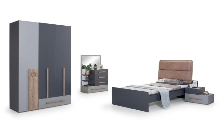 Jugendzimmer Set Grau Bett Nachttisch Kleiderschrank Design Neu 4tlg.