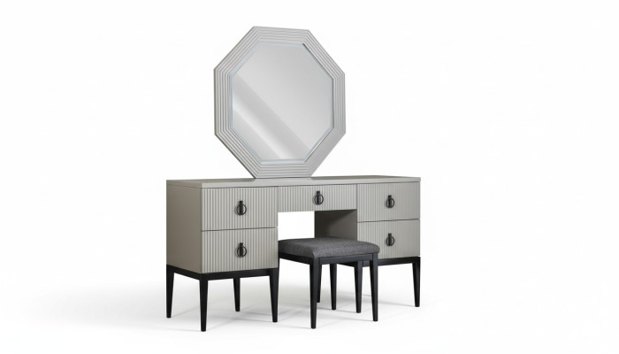 Schminktisch mit Spiegel Grauer Schlafzimmer Design Konsol Hocker Neu