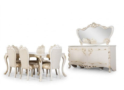 Esszimmer Set 9tlg. Luxus Garnitur Tisch 6x Stühle Anrichte Spiegel Neu Möbel