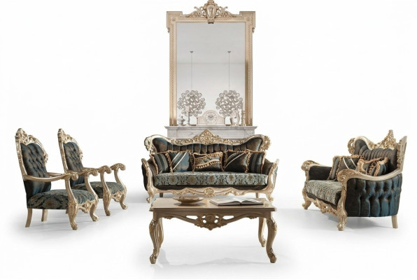 Sofagarnitur Sofa Couch Barock Rokoko Set Couchtisch Turkis 5tlg. Gold