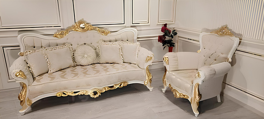 Chesterfield Barock Couch Möbel Sofa Couchen Stoff Gold Dreisitzer