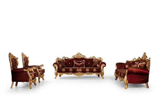 Bordeaux Rote Sofagarnitur Couch Gold Klassische Möbel Tisch 5tlg.