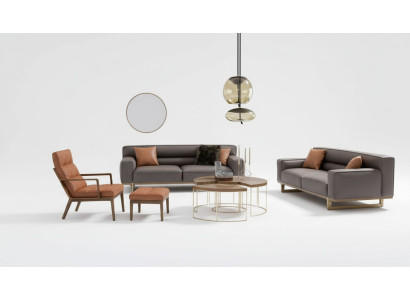 Braune Wohnzimmer Sitzgarnitur Luxuriöser 3-Sitzer Stivloller Sessel Polsterhocker
