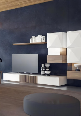 Luxus Walnuss natur Moderne Weiße Wohnwand TV-Ständer Sideboard Wandregale