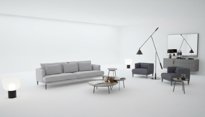 Große Wohnzimmergarnitur Dreisitzer Sessel Couchtische Graue Holzmöbel