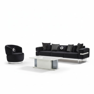 Modernes Wohnzimmer Set Schwarzes Sofa schwarzer Sessel Couchtisch neu