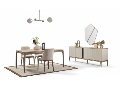 Essgruppe Esstisch 4 Stühle Sideboard Spiegel Modern 7tlg Holz Beige