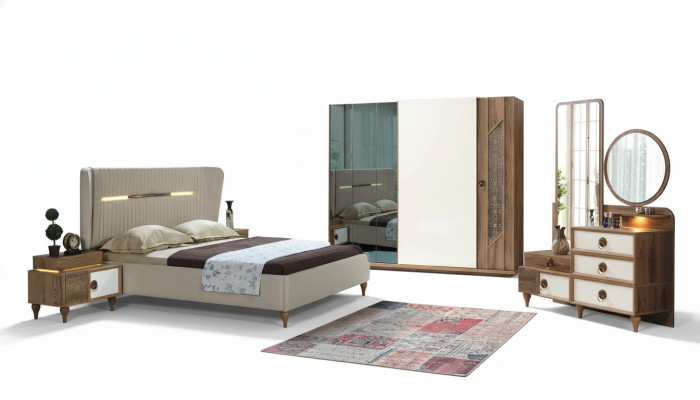 Schlafzimmer Set Bett 2x Nachttische 5tlg Design Textil Holz Kleiderschrank