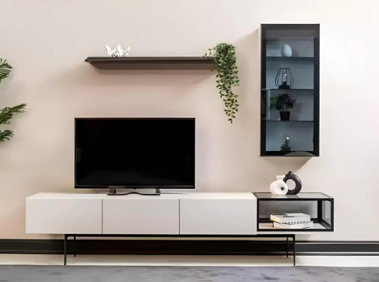 Ein unvergleichlicher TV-Schrank und Regale im minimalistischen Stil
