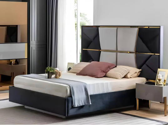 Perfektes Schlafzimmermöbel-Set in Grautönen mit goldenen Intarsien