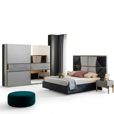 Perfektes Schlafzimmermöbel-Set in Grautönen mit goldenen Intarsien