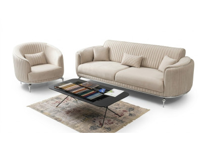 Sofagarnitur Wohnzimmer Möbel Textil Weiß Sofa Set 3+1 Sitzer Modern Design