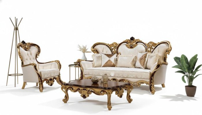 Sofagarnitur 3+1 Sitzer Gold Couchtisch Klassisch Wohnzimmer Set 3tlg.