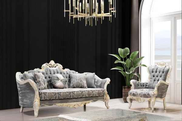 Barock Sofa 3 Sitz Grau Wohnzimmer Klassisch Design Sofa Couch Textil