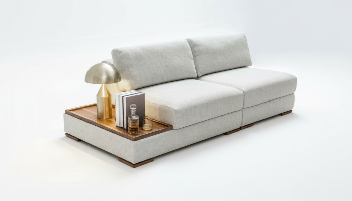 Schlankes, modernes 2-Sitzer weiches Sofa mit integriertem Holztisch und breitem Sitz