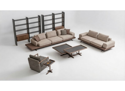 Braunes Textil Sofa Set Wohnzimmer Couche Dreisitzer Luxus Holzmöbel