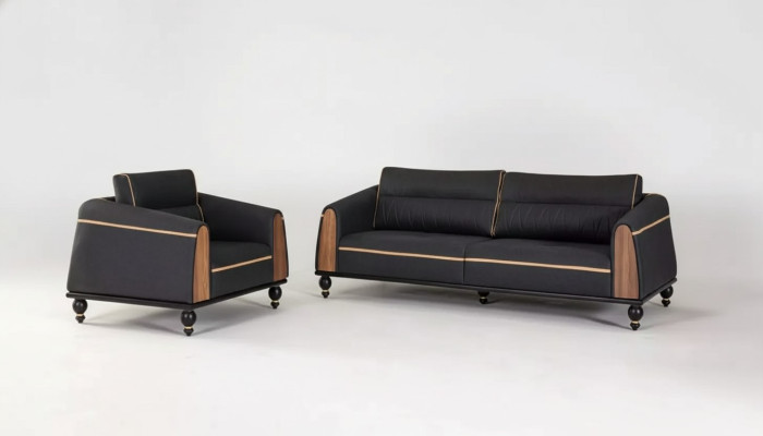Schwarze Sofas Set Moderne Garnitur Dreisitzer Sessel Stoffmöbel 2tlg