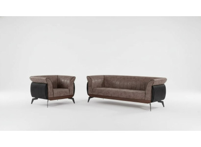 Braune Sofagarnitur Dreisitzer Sessel Arbeitszimmermöbel Couch Set 2 tlg